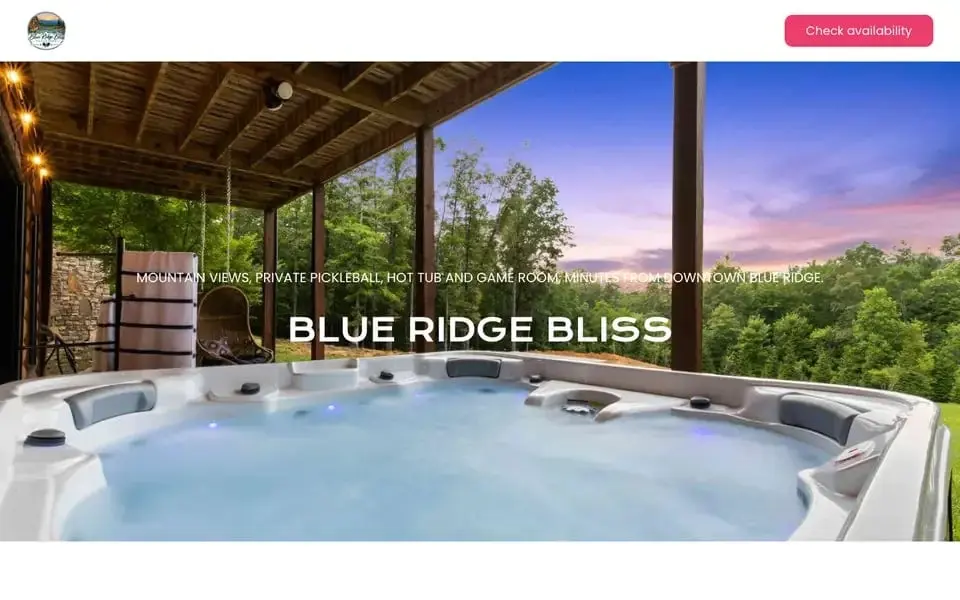 Before: the old Blue Ridge Bliss site, an off-the-shelf booking template with a hot tub photo, a small all-caps title and a pink Check availability button