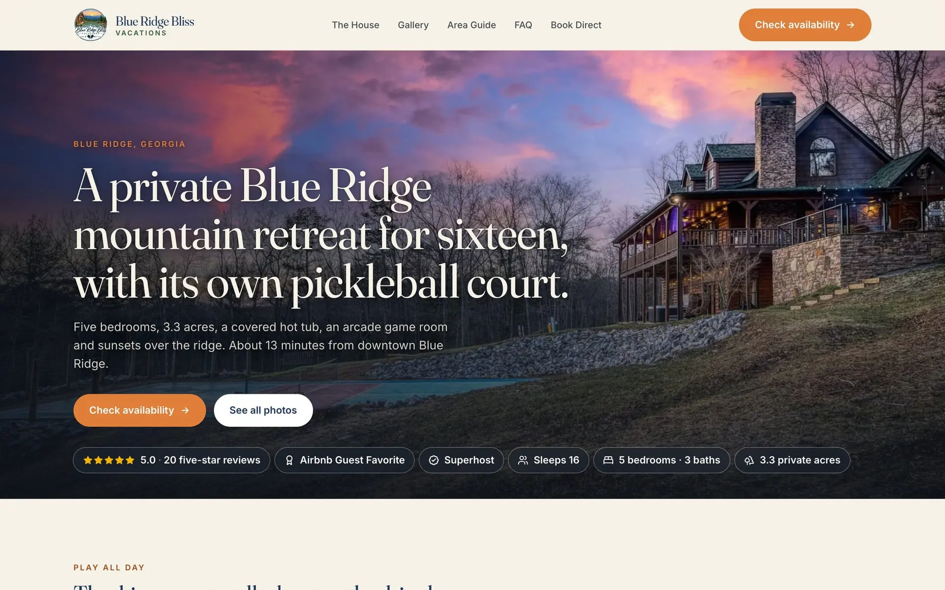 The Blue Ridge Bliss home page on desktop: a dusk photo of the cabin behind the headline “A private Blue Ridge mountain retreat for sixteen, with its own pickleball court” and an orange Check availability button